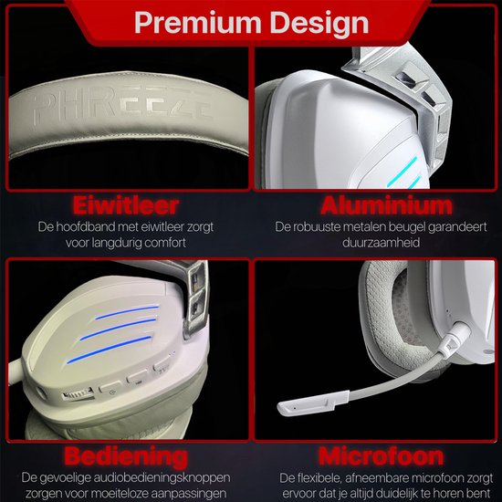 Vier close-ups van de Phreeze GHW3 gaming headset: hoofdband, aluminium delen, bedieningsknoppen en microfoon.