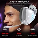 Man met Phreeze GHW3 gaming headset op, met tekst over lange batterijduur, snelladen en melding batterij.