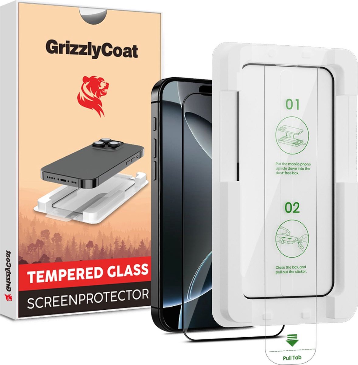 GrizzlyCoat Screenprotector geschikt voor Apple iPhone 16 Pro Glazen | GrizzlyCoat AlignPro Screenprotector - Case Friendly + Installatie Frame - Zwart