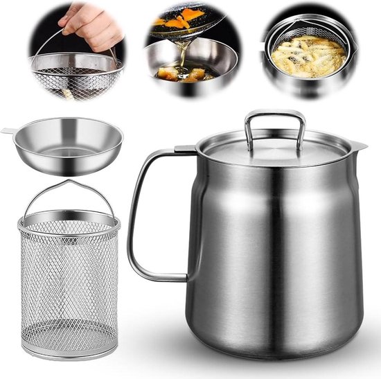 Vetreservoir voor spekvet, 2 liter, mini-frituurpan, roestvrij staal, met zeef, oliezeef, oliereservoir, spekvetcontainer, keukengereedschap voor het bewaren van frituurolie en vet