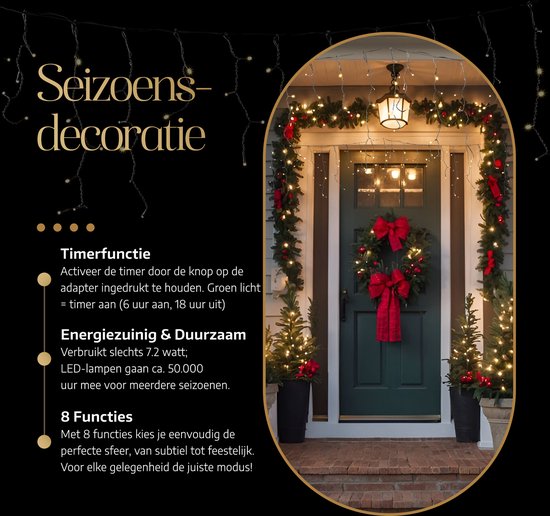 Feestelijke kerstdecoratie bij een voordeur met krans, 8 lichtfuncties, timer en energiezuinige LED-lampen.