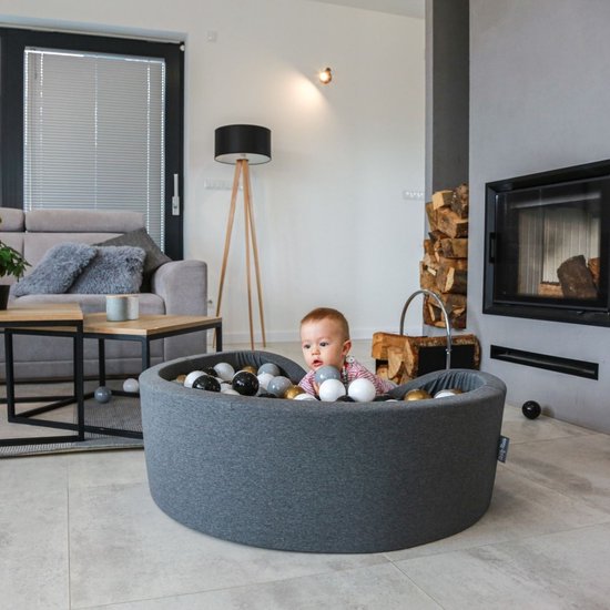 KiddyMoon piscine à balles 90x30cm/200 balles ∅ 7cm piscine à balles avec balles colorées pour bébés enfants ronde, gris foncé: blanc/gris/noir/or