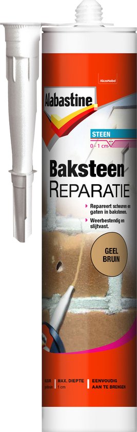 Alabastine Baksteen reparatie vulmiddel in geel bruine kleur voor steen. Repareert scheuren en gaten in bakstenen. Weerbestendig en slijtvast.