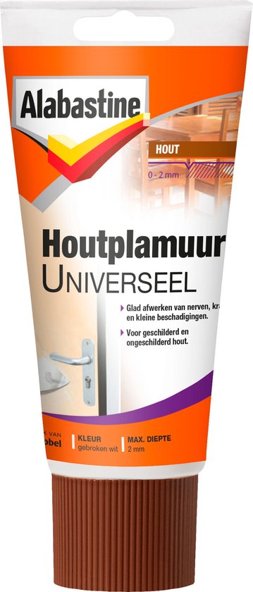 Alabastine Houtplamuur Universeel tube met bruine dop, toont toepassingen op een deur.