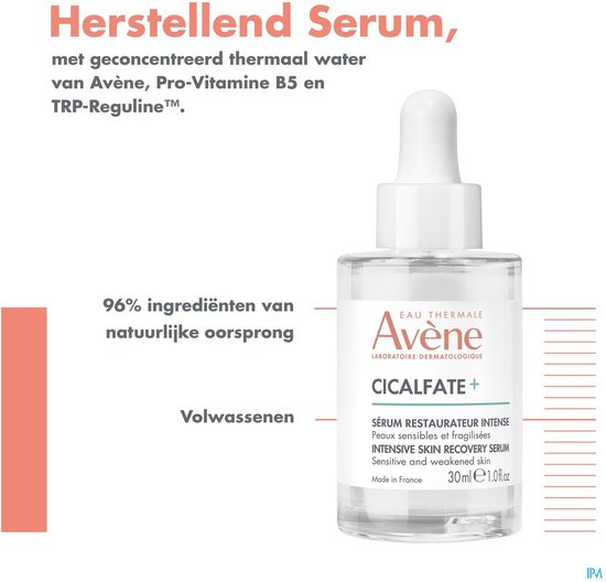 Verpakking van Avène Cicalfate+ Herstellend Serum met 96% ingrediënten van natuurlijke oorsprong.