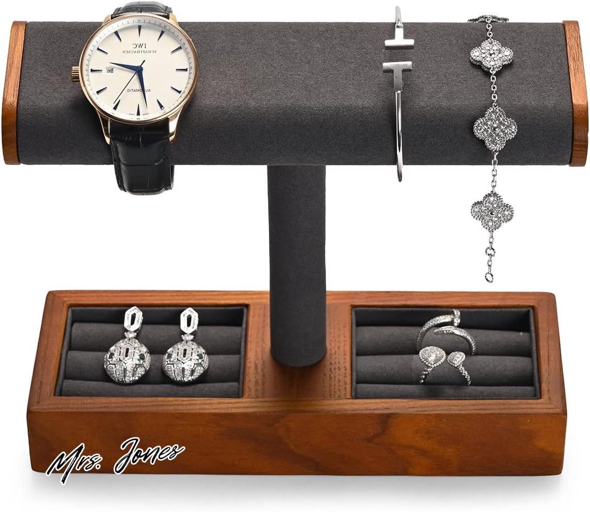 Mrs. Jones Multifunctionele massief houten T-Bar sieradenstandaard voor organizer ringen horloge armband halsketting. .