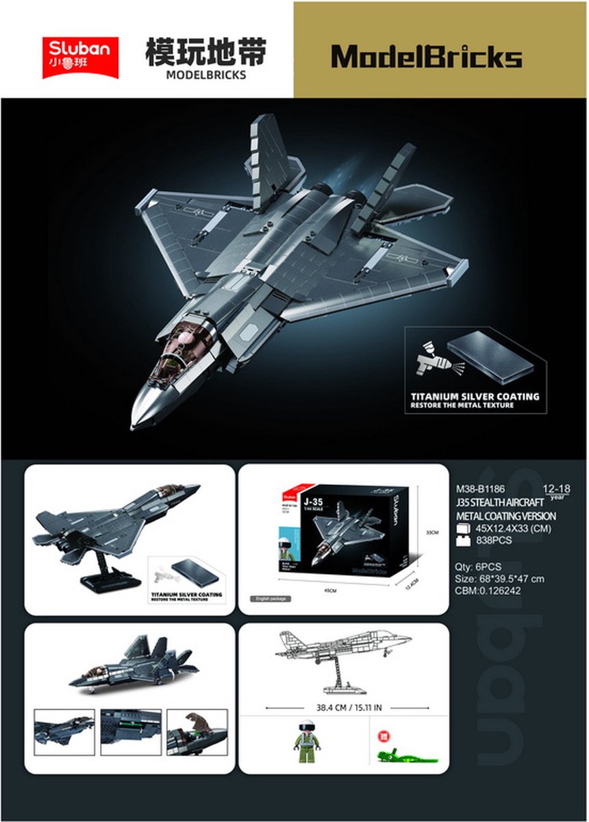 Sluban J‑35 Stealth Aircraft bouwspeelgoed kinderen vanaf 12 jaar - Constructiespeelgoed modelbouw - bouwdoos met 812 bouwstenen - M38-B1186 — afbeelding 6