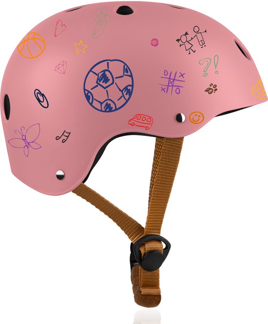 Roze fietshelm voor kinderen met diverse kinderlijke tekeningen zoals een voetbal, vlinder, basketball en tic-tac-toe.