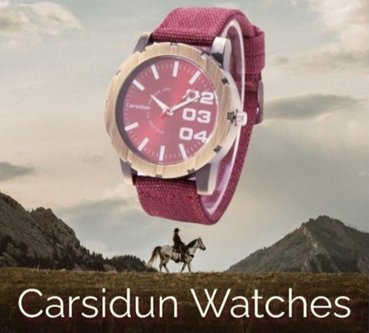 Carsidun Watches - 3 in a row - jeans - denim stof - nr. 35 Rood - Bronze look - 3ATM - dames - heren horloge - volwassenen jeugd - unisex - casual