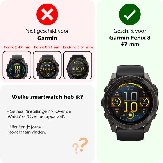 Garmin Fenix 8 (47 mm) met een schermprotector. Drie andere Garmin horloges ernaast.