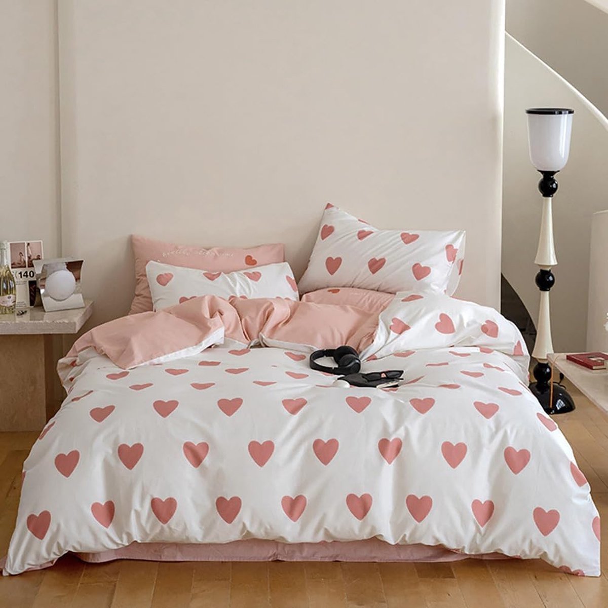 JGS ® Beddengoedset met Esthetische Hartjes in Roze en Wit voor Tweepersoonsbed
