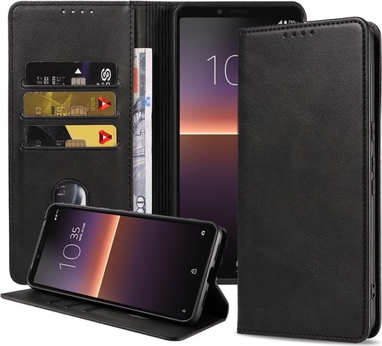 Smartphonica Étui pour Sony Xperia 10 II Étui en Simili Cuir avec Fermeture Magnétique et Porte-cartes Book Case avec Couverture - Zwart pour Sony