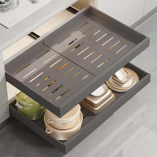 Tiroir Coulissant Cuisine 32-52 Cm - Organisateur Placard Adhésif Sans Perçage, Tiroir Télescopique Silencieux Pour Cuisine, Salle De Bain, Salon (Noir) Tiroir Rangement Cuisine Salle De Bain