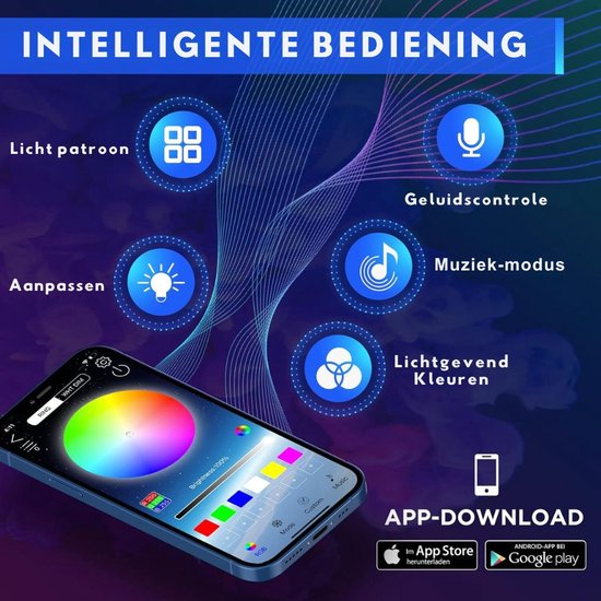 Smart control app met lichtpatronen, geluidscontrole, muziekmodus en instelbare kleuren.