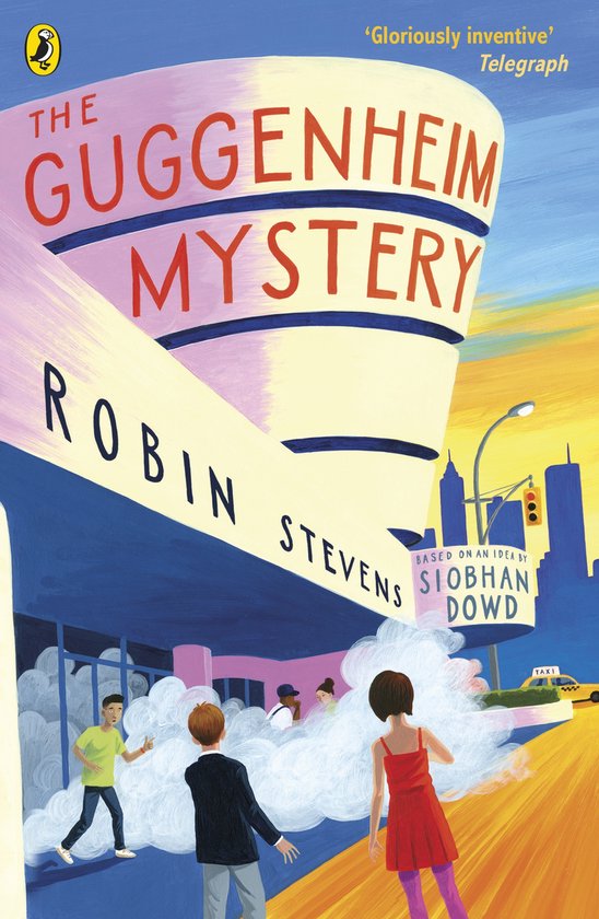 Boekcover met de tekst 'The Guggenheim Mystery' en kinderen die een raadsel oplossen.