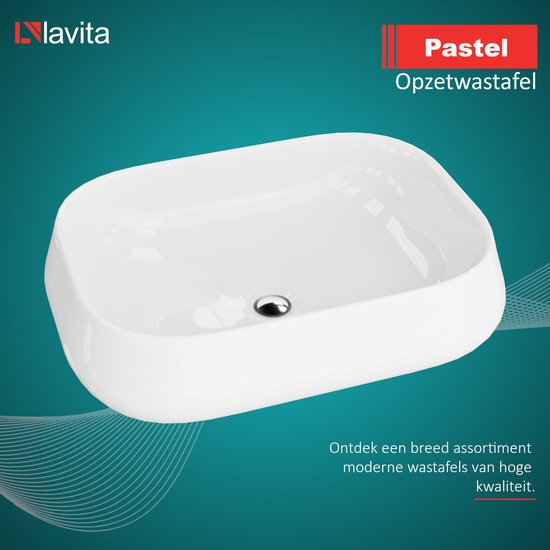 LAVITA® Lavabo à poser PASTEL Lavabo rectangulaire en céramique pour salle de bain et toilettes invités - 525x385x150 mm - Wit brillant - Lavabo à bord fin - Lavabo en céramique à poser sans trou pour robinetterie et sans trop-plein