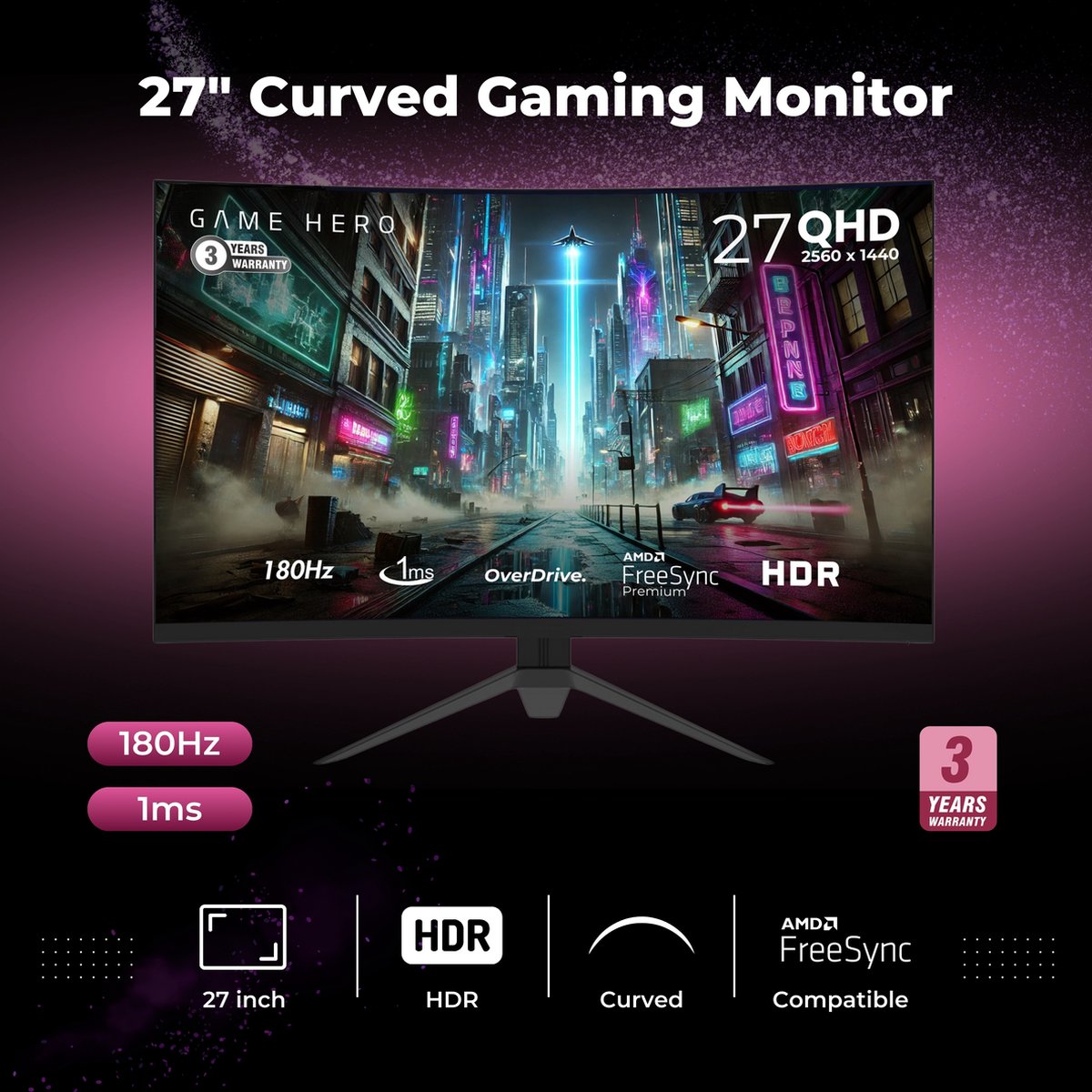 GAME HERO 27 inch QHD VA Curved Monitor - Gaming Monitor - afbeelding 2