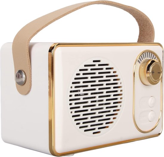 Retro Bluetooth 5.0 speaker draagbaar 10W oplaadbaar wit met extra bas, retro design voor thuis en buiten