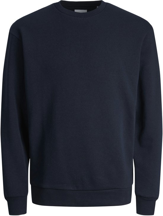 Donkerblauwe sweater met ronde hals en geribbelde boorden.