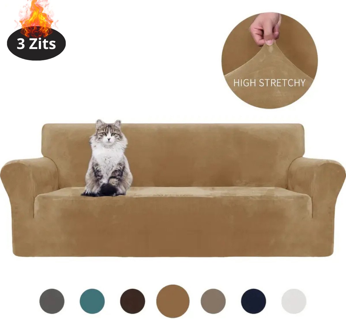 Livano Bankhoes - Bankbeschermer - Stretch - Sofa Cover - Fluweel - Kameel - 3 Zits