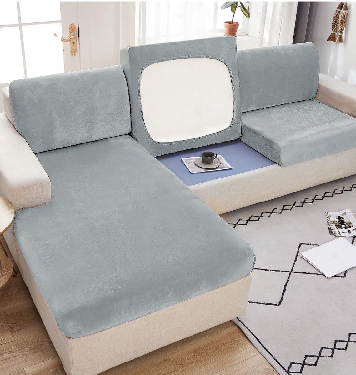 La'Moussawi ® Elegante en Comfortabele Bankhoes voor Driezitsbanken in Zacht Fluweel, Lichtgrijs