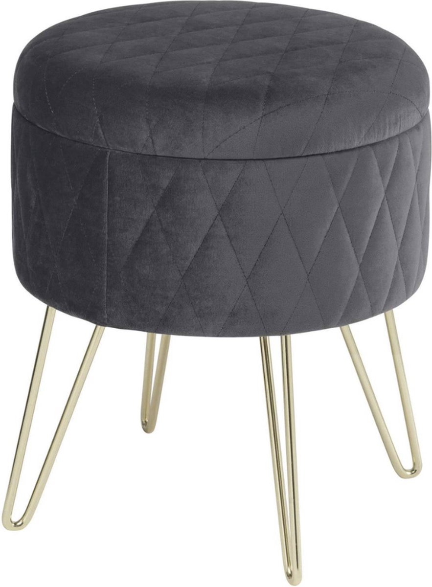 Poef deluxe - Voetenbank met opbergruimte - Donkergrijs - Opbergbox hocker - Zitkist met deskel - Velvet - 31.5x31.5x36cm