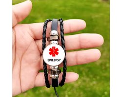 LaGloss® Epilepsie Alert Armband - Unisex Zwart Leer - Verstelbare Medische Armband