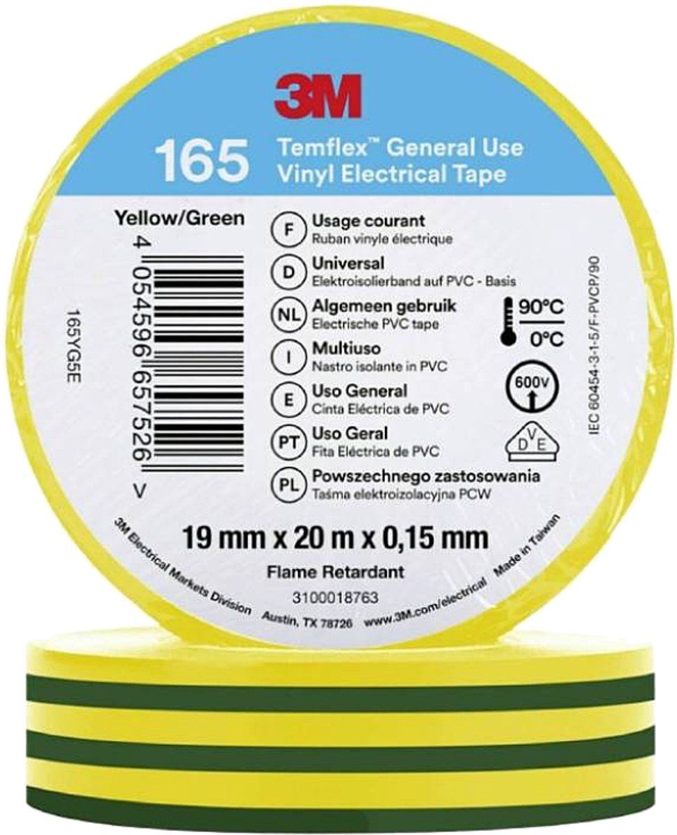 Image of 3M Isolatie Tape - 19mm breed - 0,152mm dik - 20 meter - Geel/Groen
