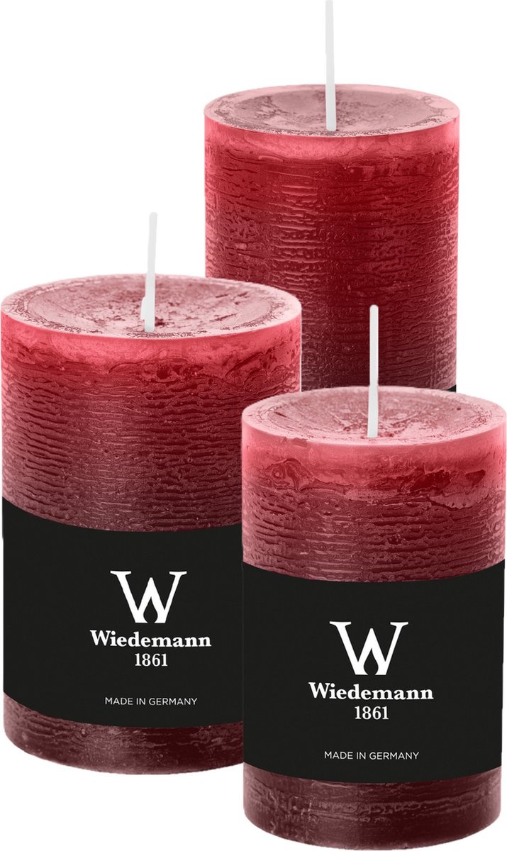 Wiedemann Cilinderkaarsen/stompkaarsen - set van 3 - rustieke kaars - bordeaux rood - 6x9/6x12/7x10 cm