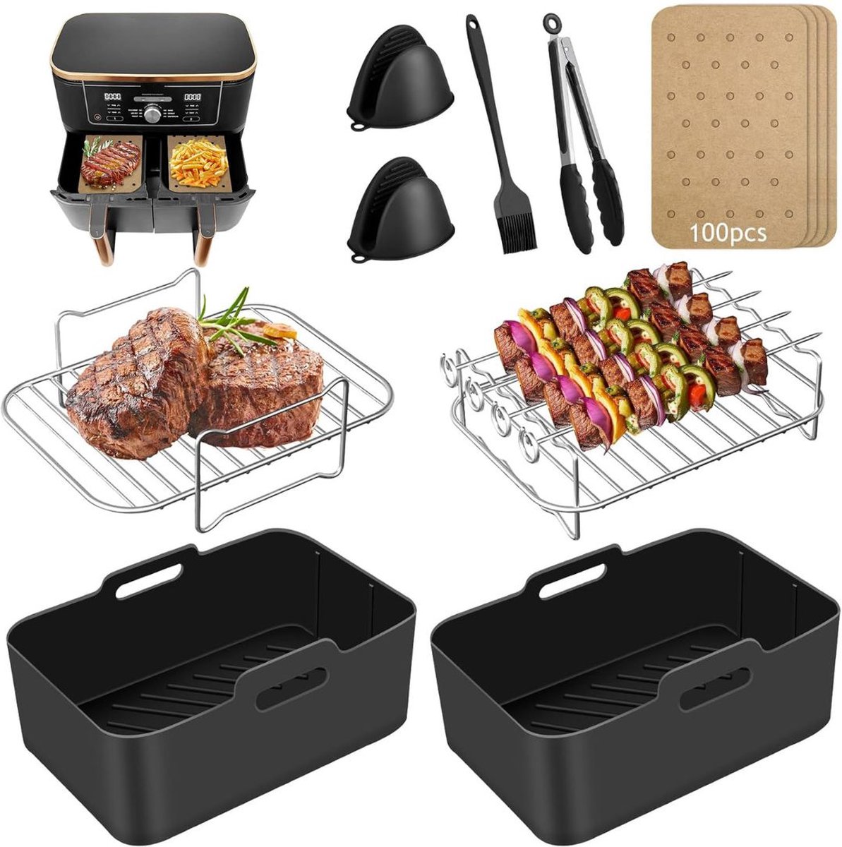 ApexArte® Airfryer Accessoires - Bakpapier - Siliconen Bakje - Mand - Oven Rek