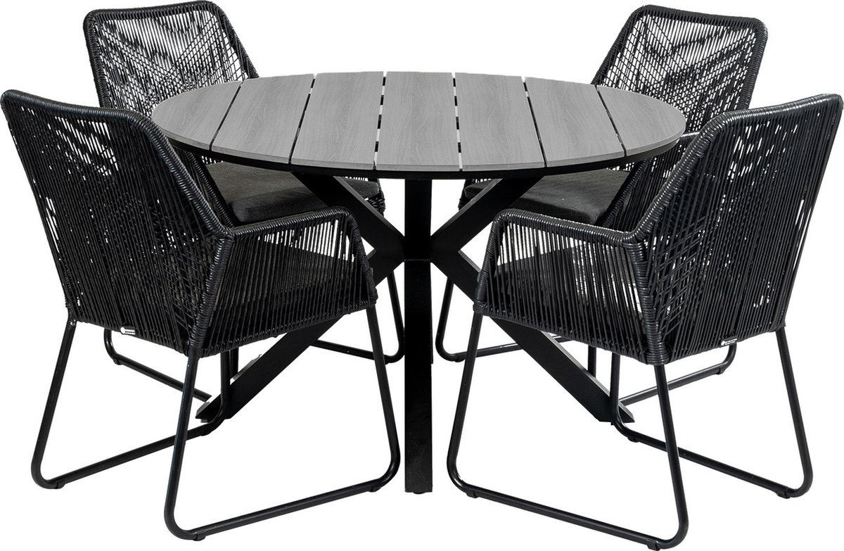 5-delige ronde tuinset met 4 zwarte Mona tuinstoelen en grijze ⌀120cm Cyprus tuintafel.