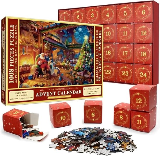 Puzzle de compte à rebours de Noël - 1008 pièces - Calendrier de l'Avent 2024 avec 24 boîtes - Puzzle de calendrier de l'Avent de Noël pour adultes et