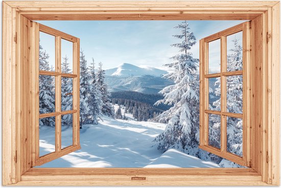 Poster 30x20 cm - Doorkijk - Winterlandschap - Natuur - Berg - Bomen - Hout - Posters - Kamer decoratie - Wanddecoratie woonkamer - Muurdecoratie slaapkamer