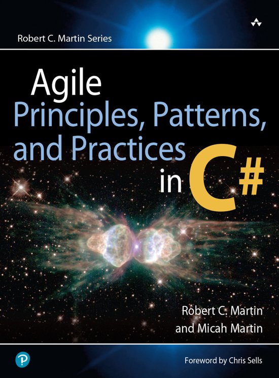 Boek 'Agile Principles, Patterns, and Practices in C#' met een ruimte-achtergrond en een nevel in het midden.
