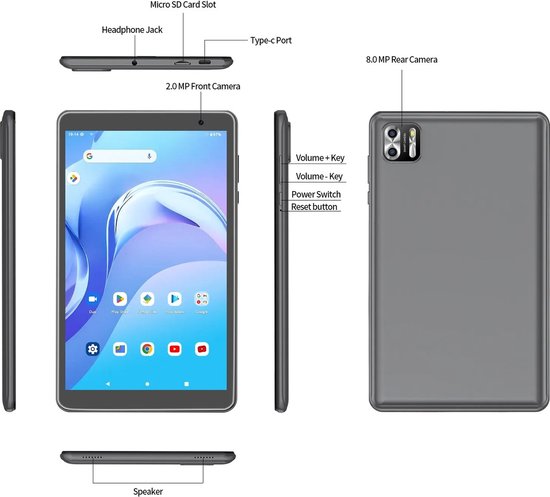 Elementkey Ai-8 Pro TAB8 - Tablette Android 8 pouces | 128 Go de stockage, 8 Go de Ram - Wi-Fi, Bluetooth 5.2 | Puissant et portable