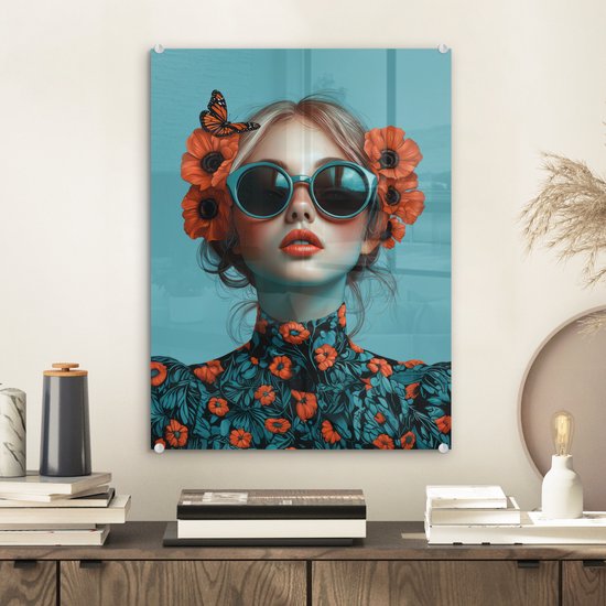 MuchoWow® Glasschilderij 30x40 cm - Schilderij acrylglas - Vrouw - Blauw - Vlinder - Bloemen - Aesthetic - Foto op glas - Muurdecoratie woonkamer - Wanddecoratie slaapkamer - Schilderijen