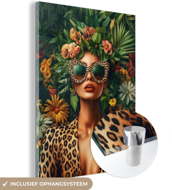 MuchoWow® Peinture sur verre 90x120 cm - Peinture sur verre acrylique - Femme - Imprimé Panthère - Jungle - Nature - Luxe - Photo sur verre - Décoration murale salon - Décoration murale chambre - Peintures