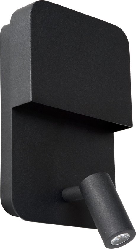 Zwarte wandlamp met een rechthoekige basis en een verstelbare spot.