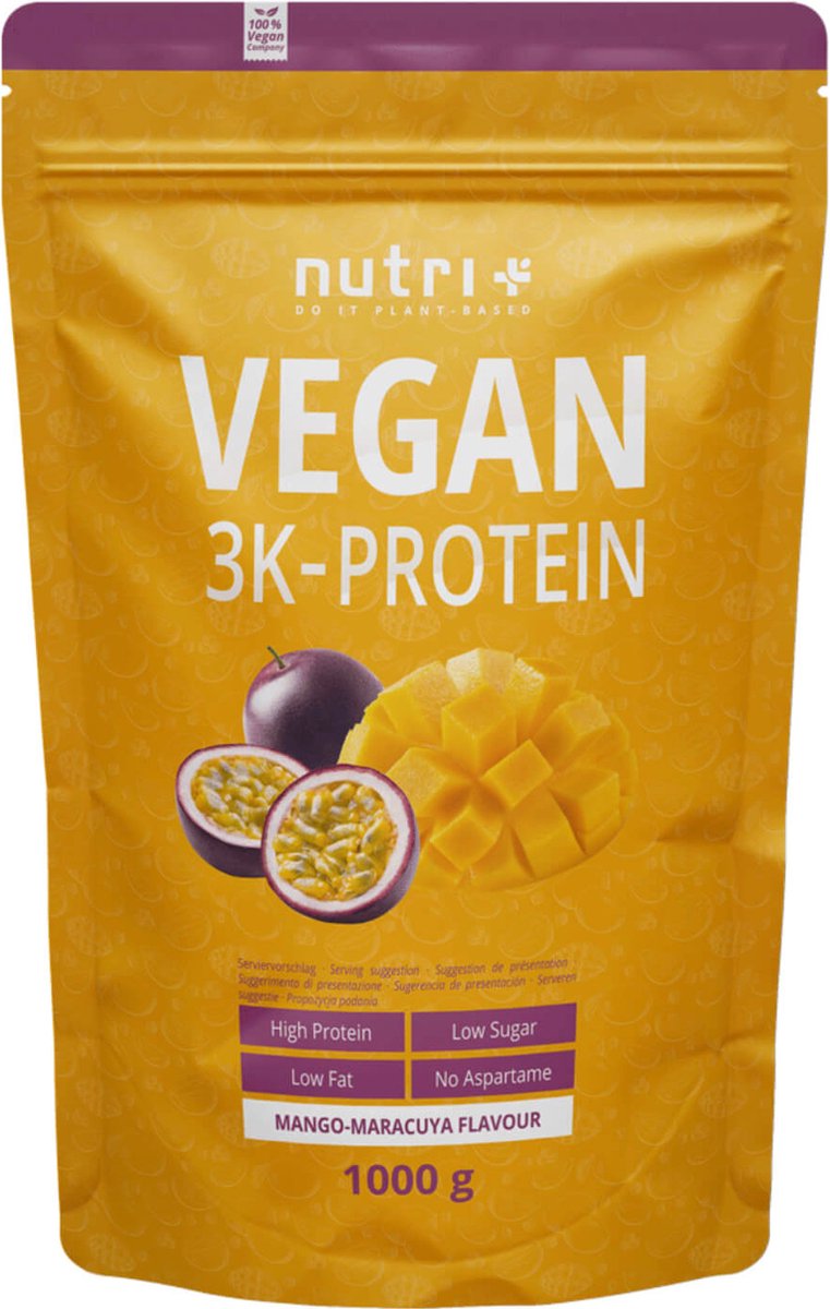 Goedkoopste nutri Vegan 3K Protein - Eiwitpoeder Mango Maracuya - Veganistisch proteïne poeder - met proteïnen uit soja, erwten en zonnebloem - lactosevrij en glutenvrij - 1000 g