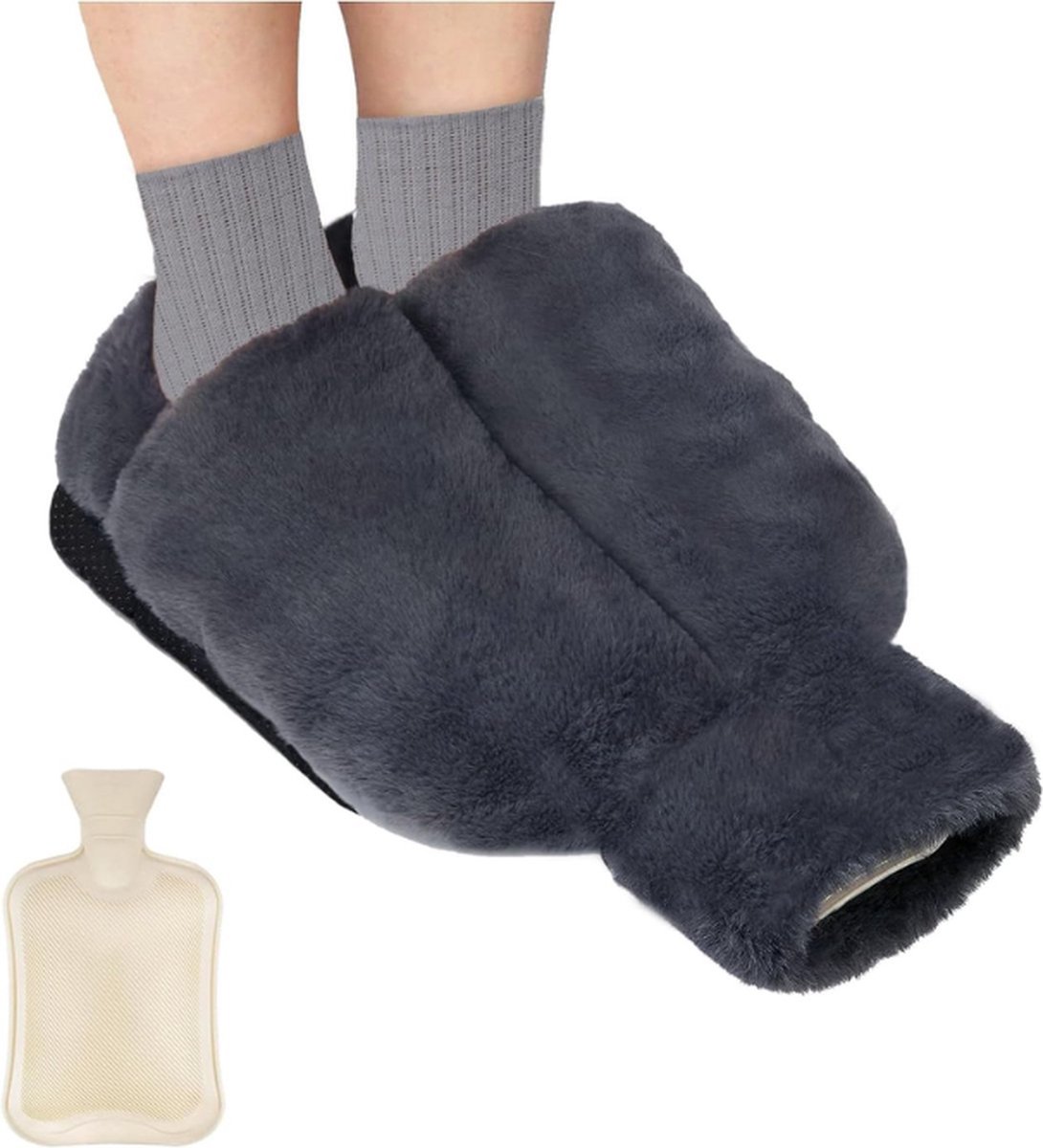 Goedkoopste Voetwarmer, zonder stroom, 2 l, extra grote voetenwarmer, warmwaterkruik voor de voeten, 2-in-1 voetenwarmwaterkruik, zachte en warme voetenwarmer voor heren/dames/volwassenen, grijs, 39 x 35