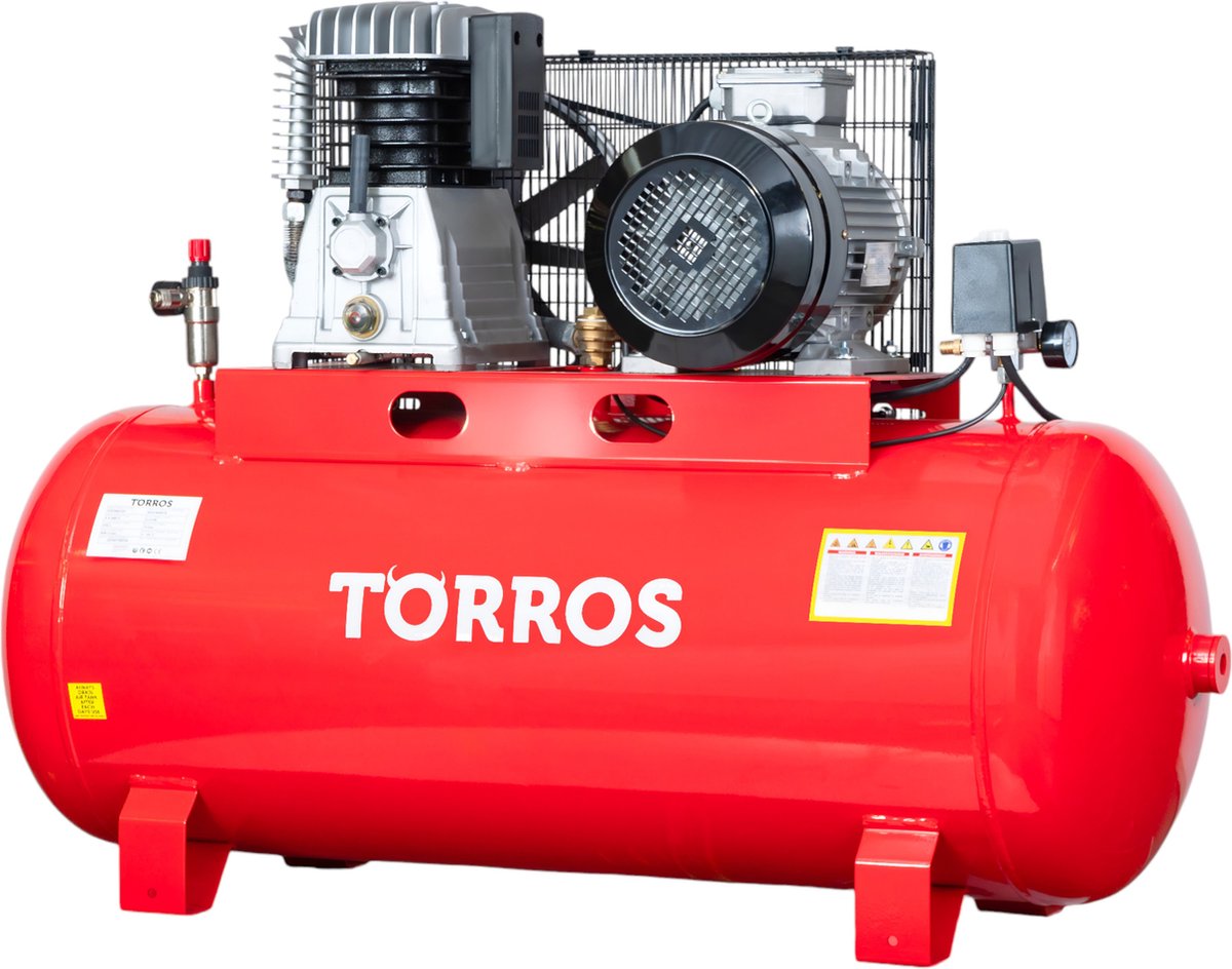 Zuigercompressor riemaandrijving met olie ketel 270 L 5,5 kW / 7,5 Pk 10 bar 820 l/min 400V Torros TC2708210T