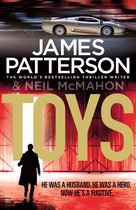 Boekcover 'Toys' van James Patterson & Neil McMahon. Gouden letters op rode strepen. Op de achtergrond een sportauto en een man in silhouet.