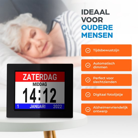 Rebrainer Dementieklok met XL beeldscherm - Digitale Kalenderklok met datum dag en tijd - Alzheimer Klok - Seniorenklok- Zwart