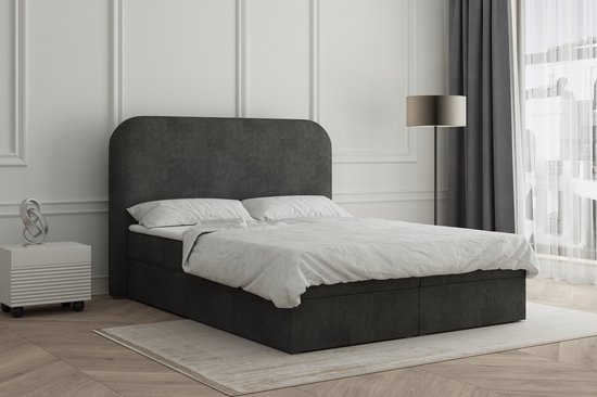 Lit Continental 07 (Boxspring, Bonell, Topper, bouclé, tête de lit double rembourrée avec sommier à lattes) - 180x200cm - Zwart (Anthology 19)