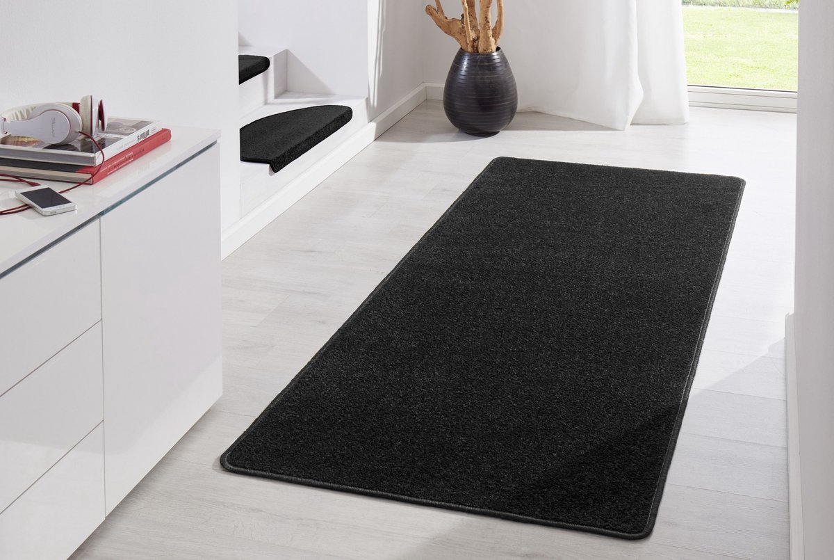 Loper Uni Laagpolig Effen Vloerkleed - Fancy - Zwart 80x200 cm