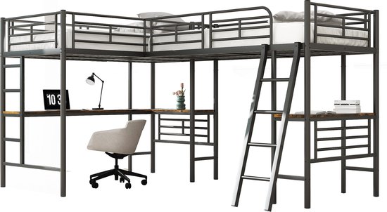 Merax Lit Mezzanine 90x200 cm avec Bureau - Double Escalier - Clôture de Sécurité Supérieure - Zwart