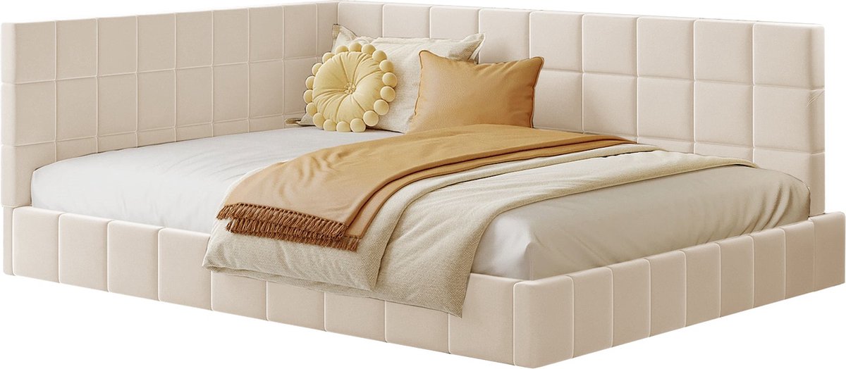 Merax Gestoffeerd Bed 140x200 cm – Slaapbank met Lattenbodem – Beige