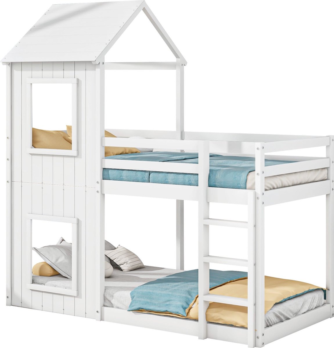 Merax Kinderbed 90x200 cm – Huisvorm Stapelbed met Ladder en Baldakijn – Massief Hout – Wit