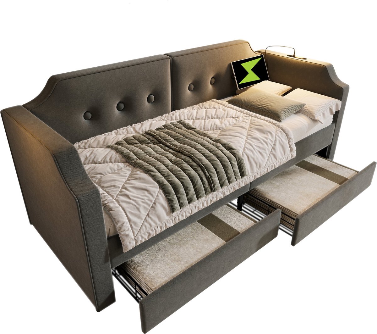 Merax Slaapbank 90x200 cm met 2 Lades – Gestoffeerd Bed USB Type-C en Leeslamp – Fluweel Grijs