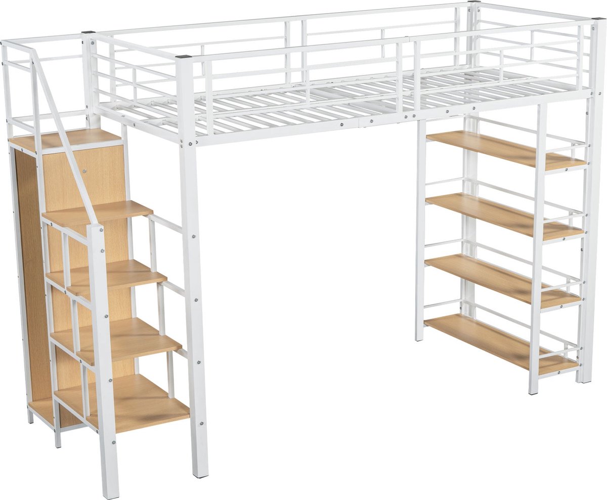 Merax Hoogslaper 90x200cm met Veiligheidstrap - Opbergruimte en Kleine Kleerkast - Met Inlegplanken - Houten Lattenbodem - Wit